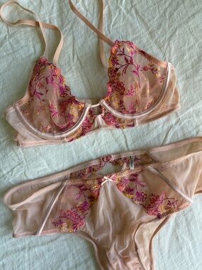 Etam Sheer Floral Embroidered Lace Bra & Panty Set - Blush Pink